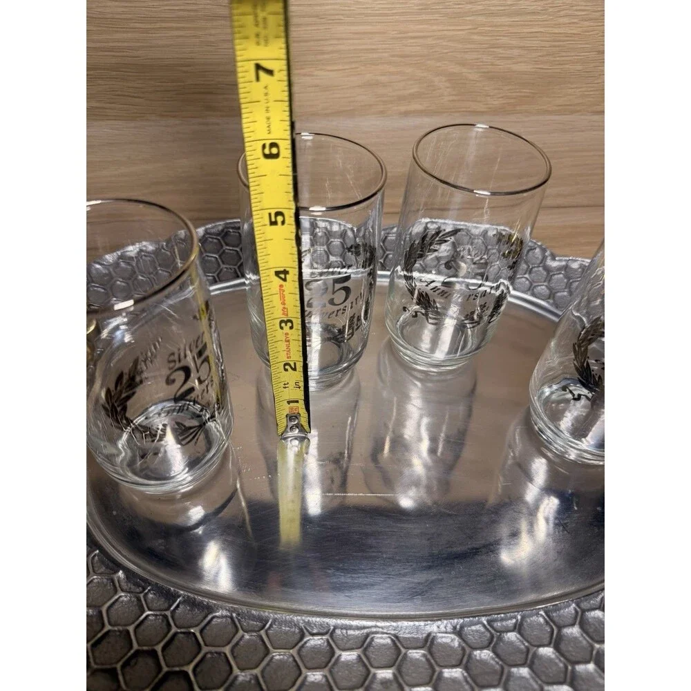 Vintage Glass Silver 25th Anniversary Set of 4 Drinking Glasses 5”